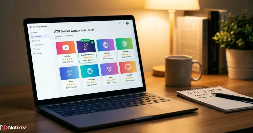 IPTV comparison dashboard showing top IPTV services ratings and features