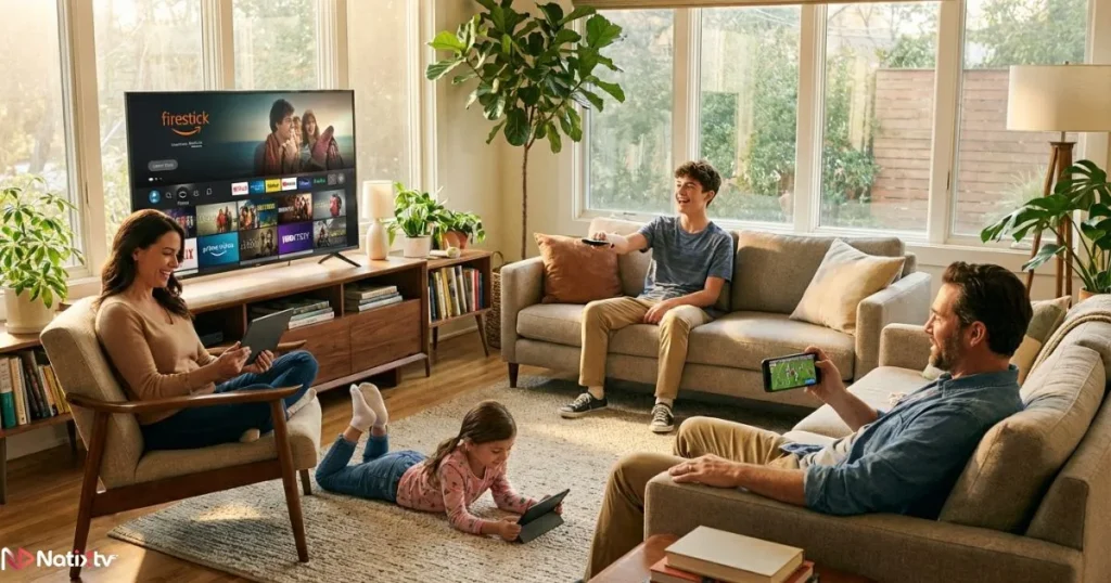 IPTV multi-device USA plan streaming simultaneously on Smart TV, tablet, smartphone, and iPad