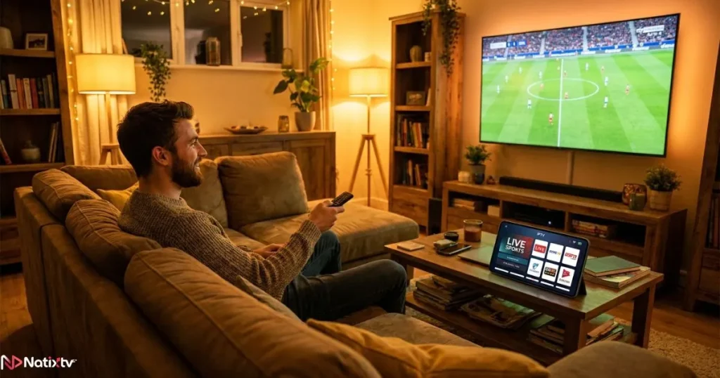Man enjoying an IPTV subscription on smart TV and smartphone at home with a professional IPTV service