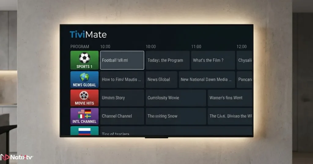 TiviMate IPTV app interface showing EPG channel guide on a 4K TV