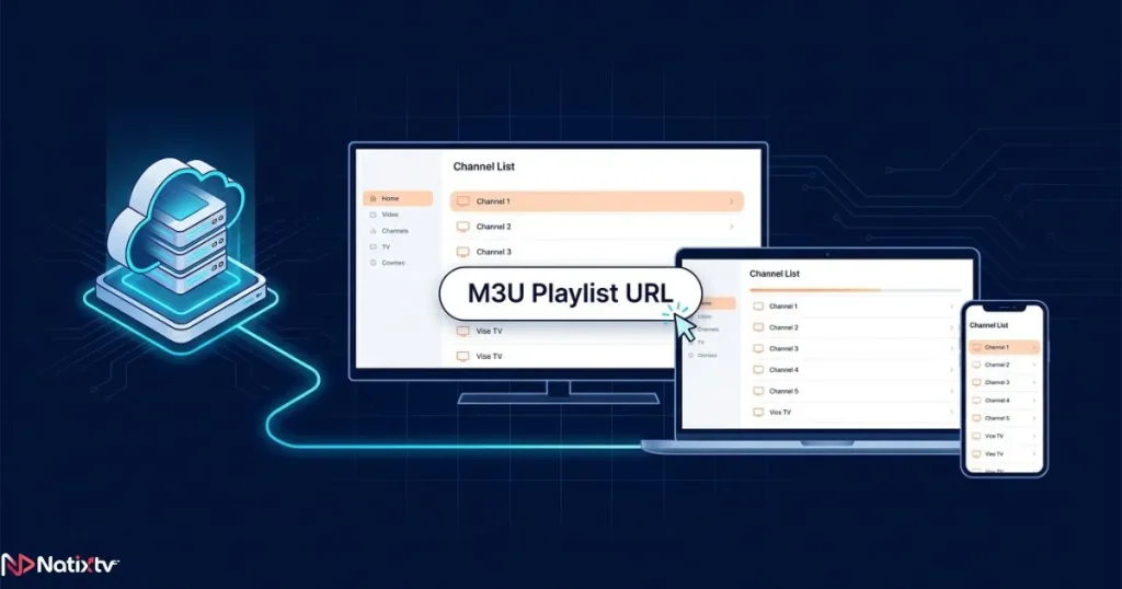 Diagram showing how an IPTV M3U Playlist link connects a server to Smart TV, laptop and smartphone