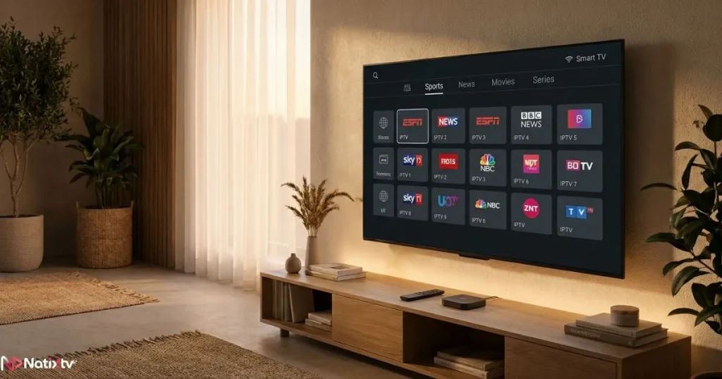 Smart TV M3U setup showing an IPTV channel grid on a living room television screen