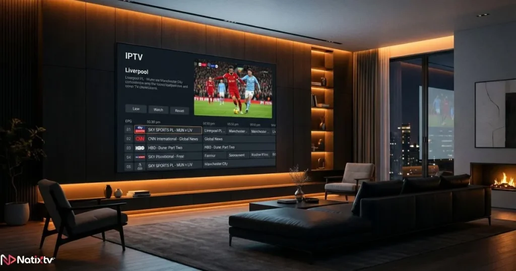 Best IPTV player displayed on a Smart TV with EPG and live sports channel