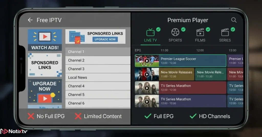 Free vs paid IPTV apps interface comparison showing features and quality differences