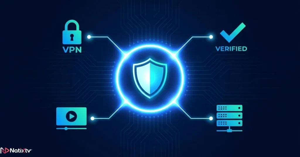 Secure IPTV playlist streaming protected by VPN and verified service with list for IPTV