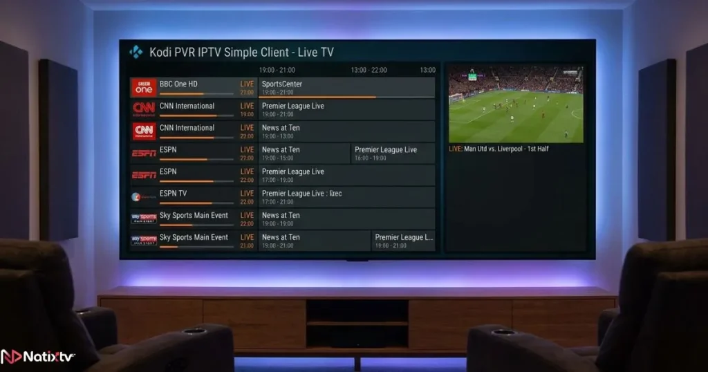 Kodi live TV setup showing the PVR IPTV Simple Client channel list and EPG guide on screen