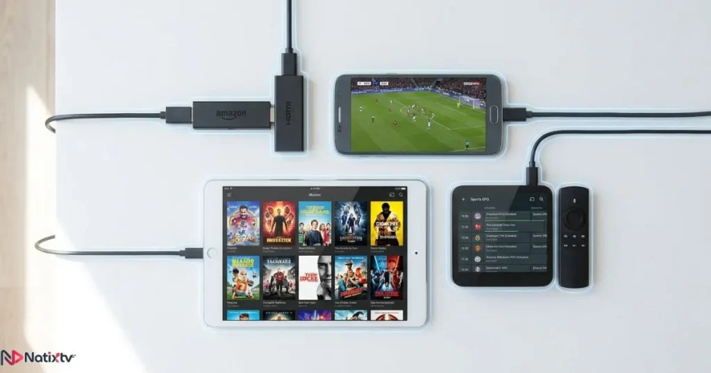 IPTV trial multi device setup showing Firestick, smartphone, tablet and Android TV box