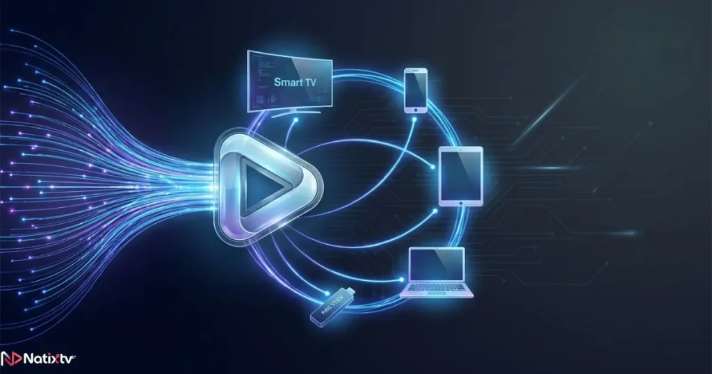 IPTV technology in 2026 - multi-device streaming connected through fiber optic network