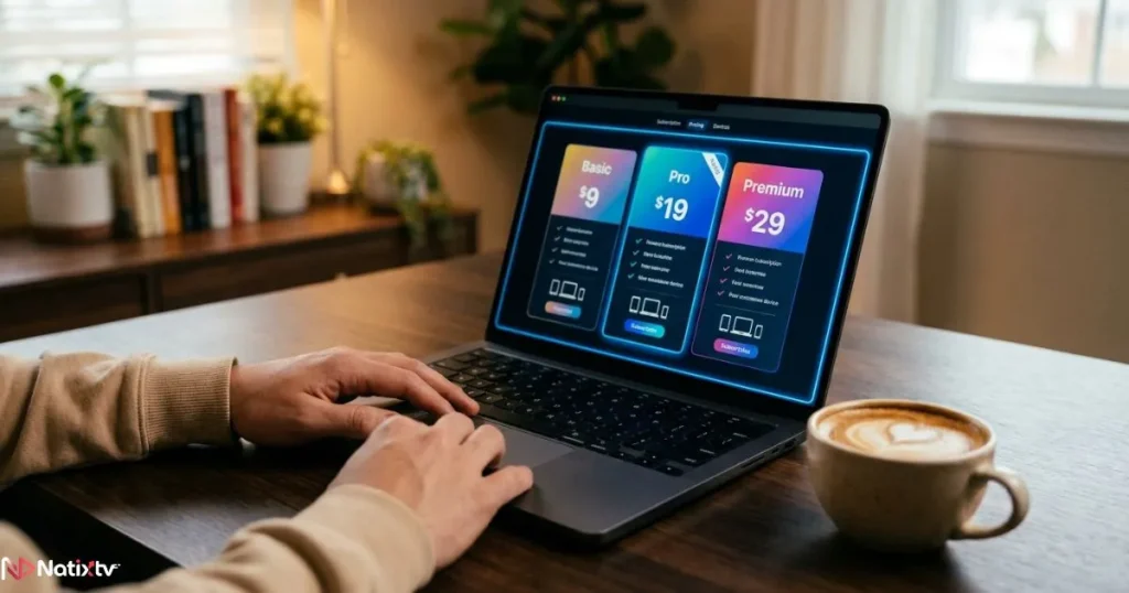 Comparing IPTV subscription price plans on a laptop before buying