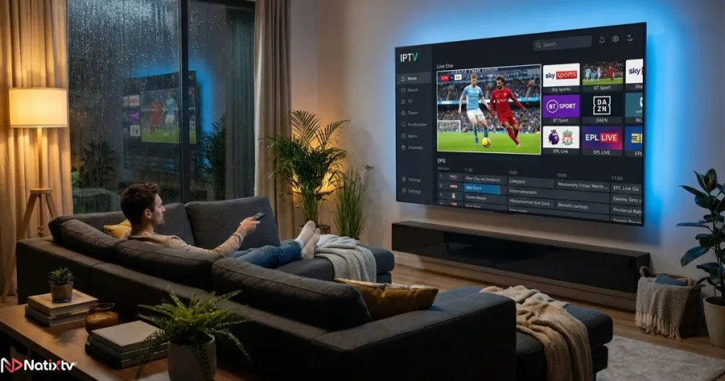 Viewer using a reliable IPTV service to watch live sports on a smart TV at home