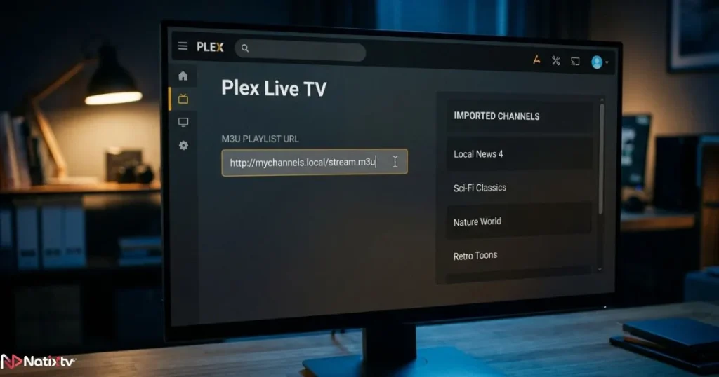 plex m3u setup screen showing live tv channel configuration in the plex dashboard