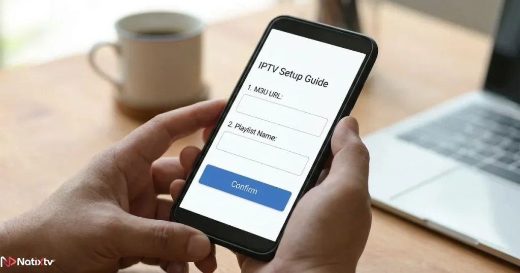 Android phone showing M3U playlist IPTV setup with URL entry field in a streaming app
