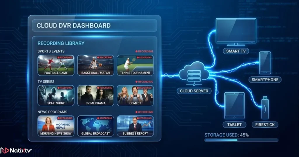 Cloud IPTV DVR recording interface showing saved programs across multiple connected devices