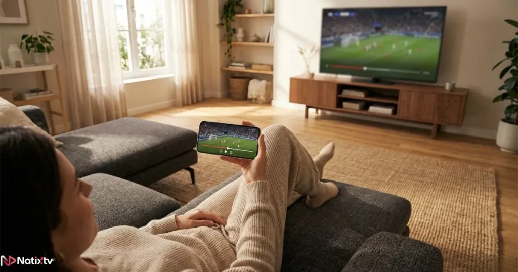 Person using IPTV pause rewind and catch-up features on smartphone and smart TV simultaneously