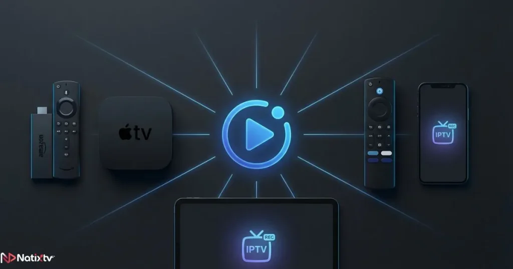 Best IPTV with DVR compatible devices including Firestick, Apple TV, Android TV, and smartphone