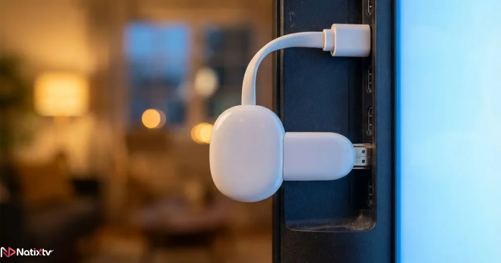 Chromecast device plugged into TV for IPTV streaming Chromecast setup