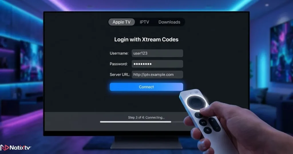 Apple TV IPTV setup screen with login and configuration steps