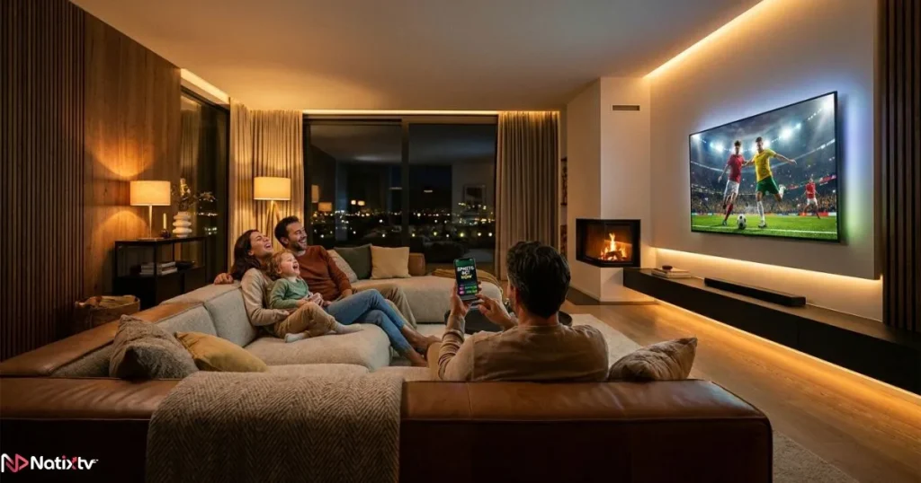 Premium IPTV service enjoyed by a family across multiple screens at home