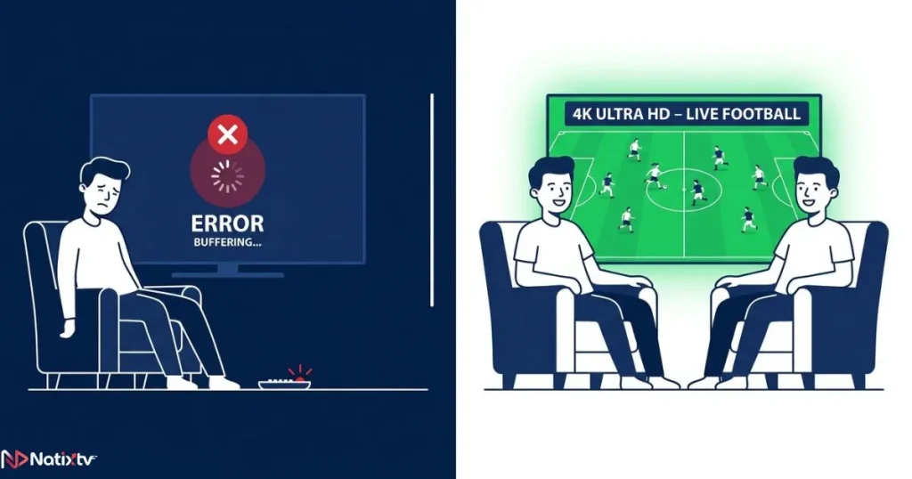 Comparison between buffering IPTV stream and top IPTV suppliers with stable 4K quality