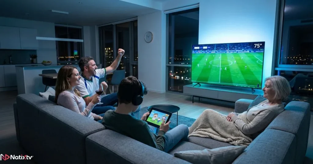Family enjoying a premium IPTV subscription with live sports and multi-screen viewing