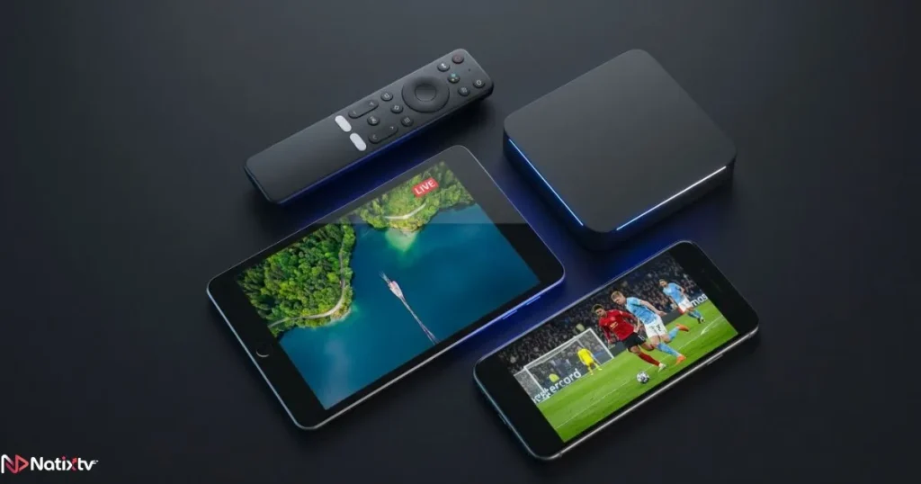 Compatible devices for 4K live IPTV streaming including smart TV, box, tablet and smartphone