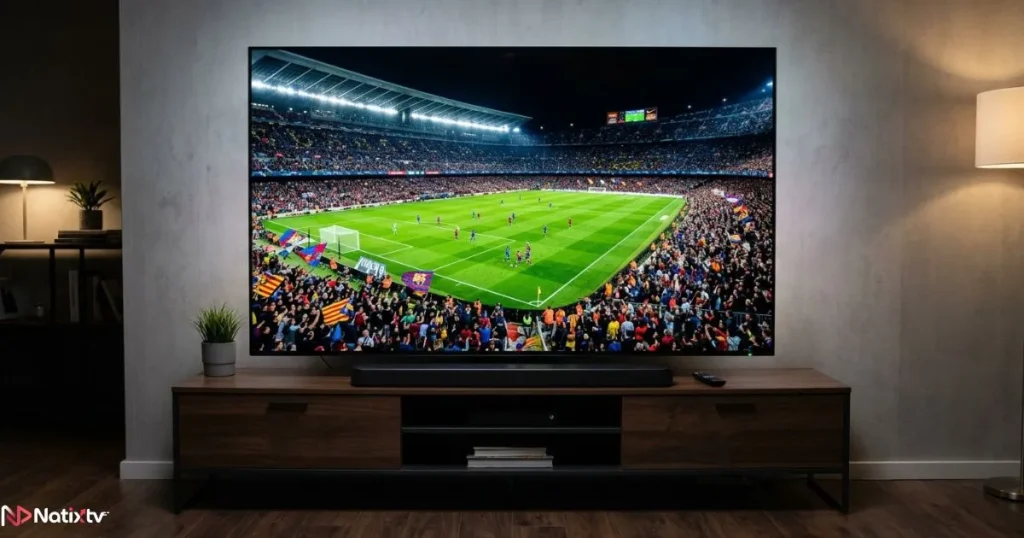 4K live IPTV sports broadcast on a large television with ultra HD picture quality