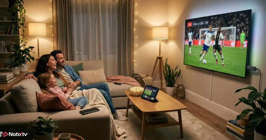 Family enjoying stable IPTV service with no buffering across multiple devices