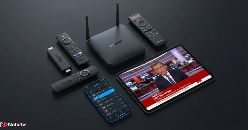 British IPTV compatible devices including Fire Stick Smart TV and Android box