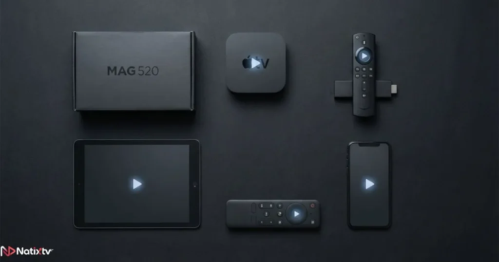 Compatible devices for the best IPTV server 2026 including Firestick Android TV and Apple TV