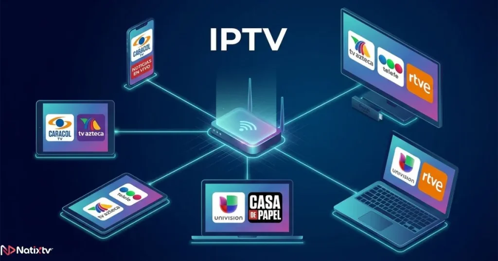 Diagram showing how a latino iptv subscription streams to multiple devices