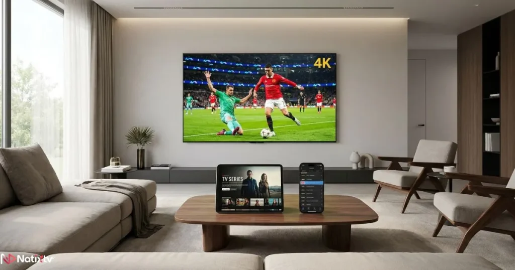 Premium IPTV service running on smart TV, tablet, and smartphone simultaneously