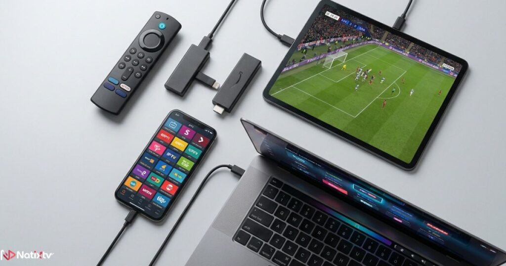 IPTV apps running on multiple devices including Smart TV, smartphone, and tablet