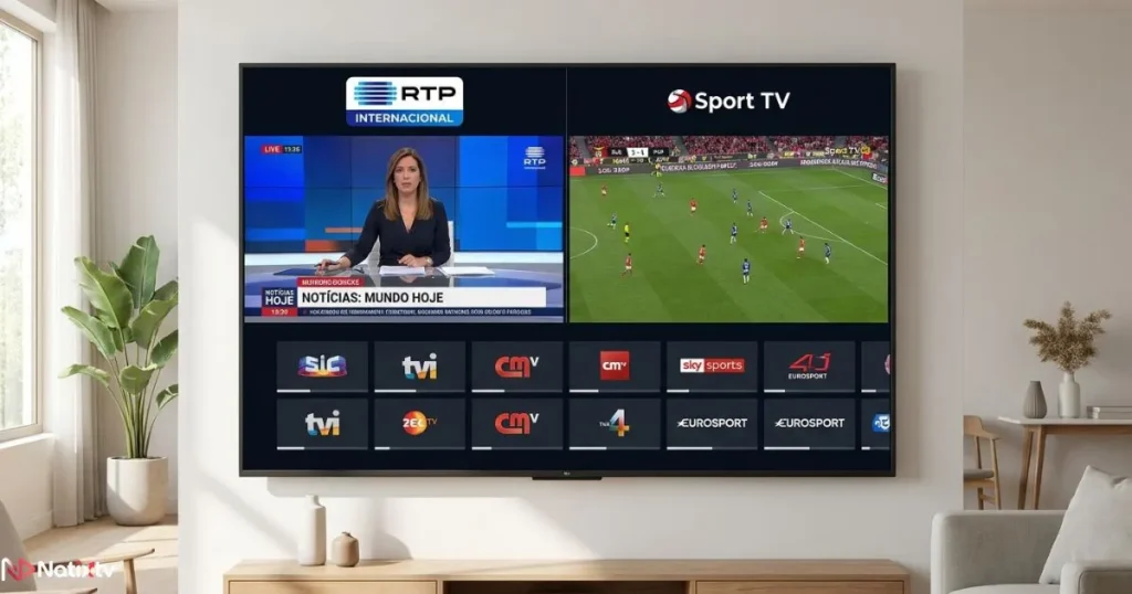 Portuguese IPTV channels on a smart TV including RTP and Sport TV