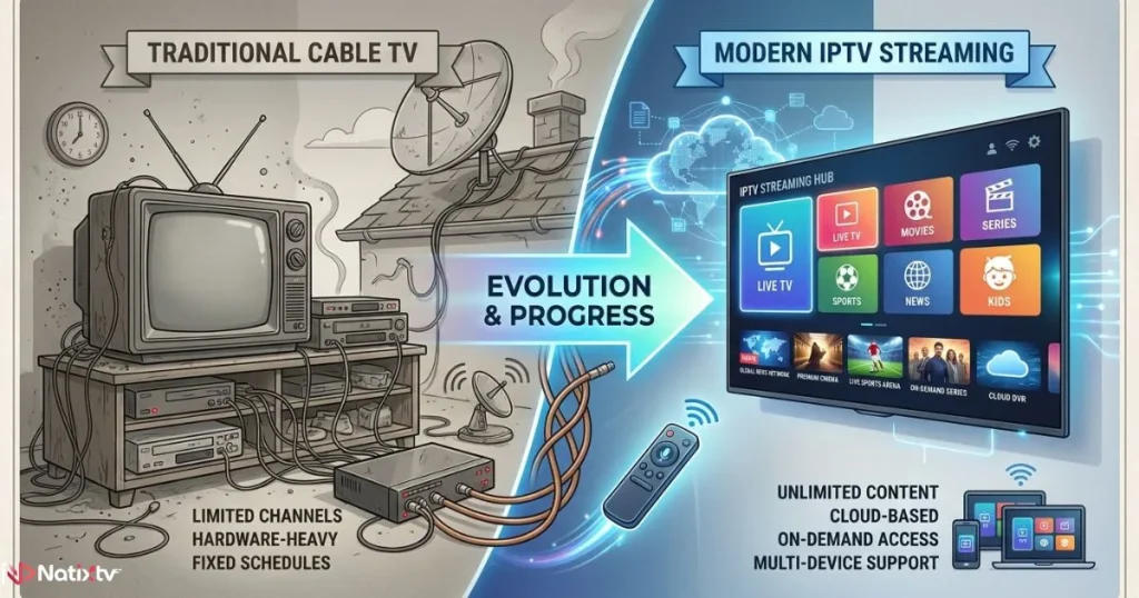 Comparison between traditional cable TV and premium IPTV streaming service in 2026