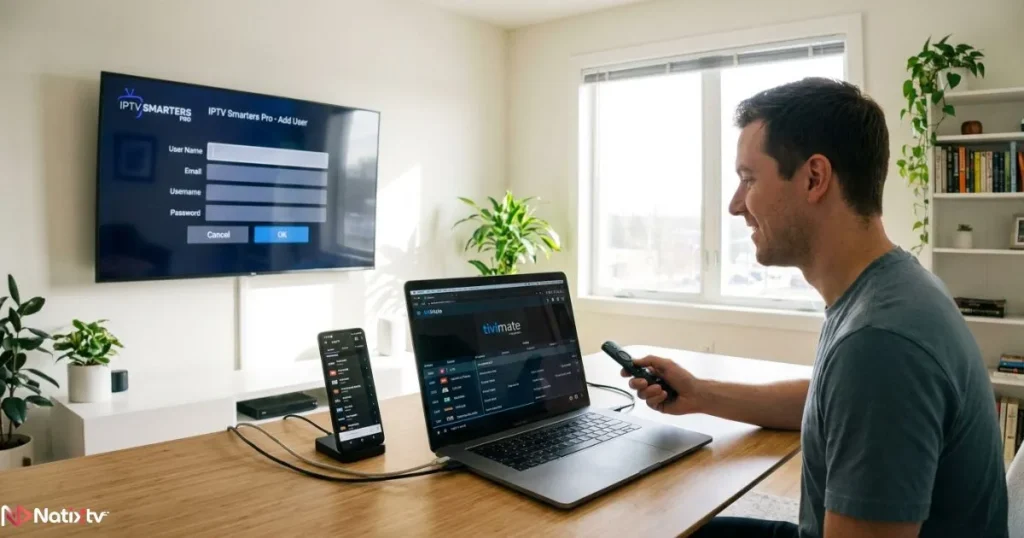 IPTV streaming service setup across Firestick, Android app, and laptop