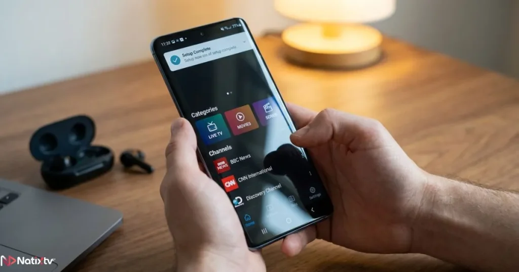 IPTV app for Android displaying the Xcode IPTV interface during setup
