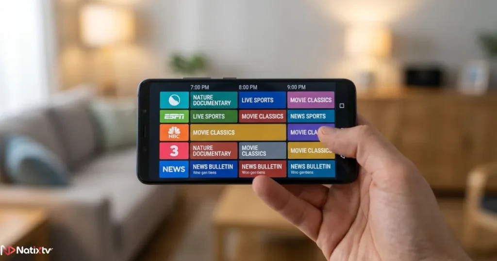 Android IPTV app showing a full channel guide on a smartphone screen