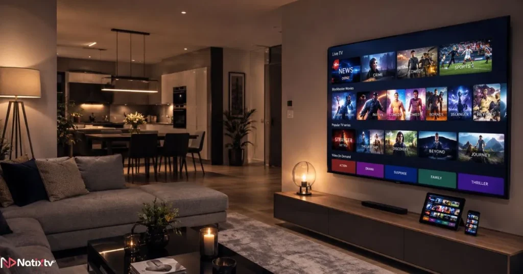 IPTV streaming on smart TV and mobile devices in a modern home