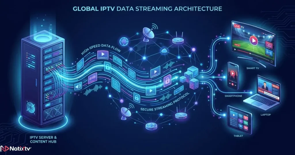 Diagram showing how an IPTV M3U URL streams data from server to multiple devices