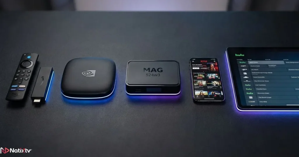 Compatible devices for an IPTV 4K subscription including Smart TV, Fire Stick, and Android TV box