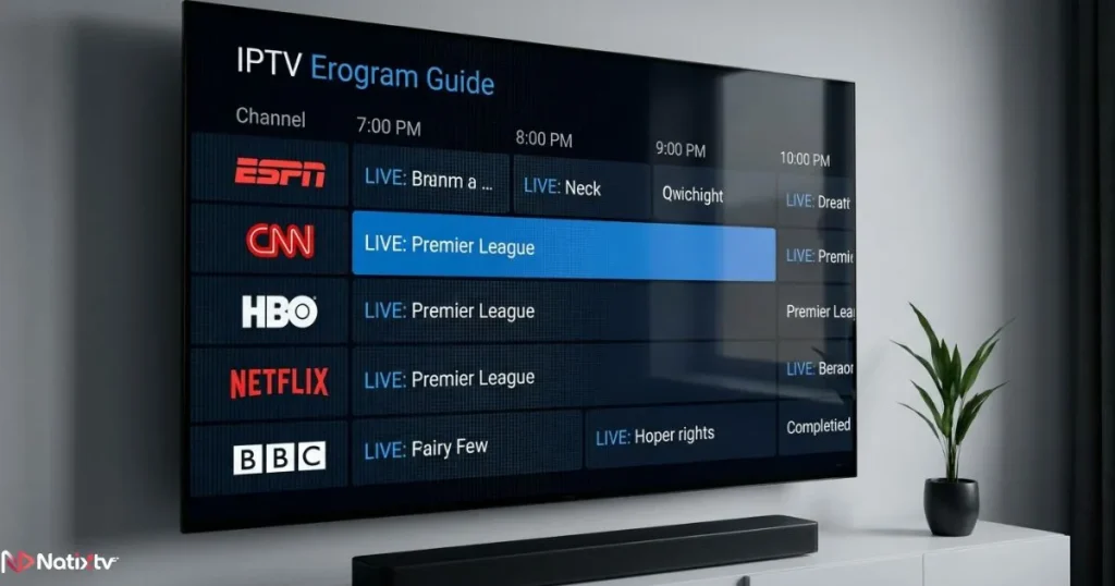 IPTV channel guide grid showing scheduled programs on a widescreen TV