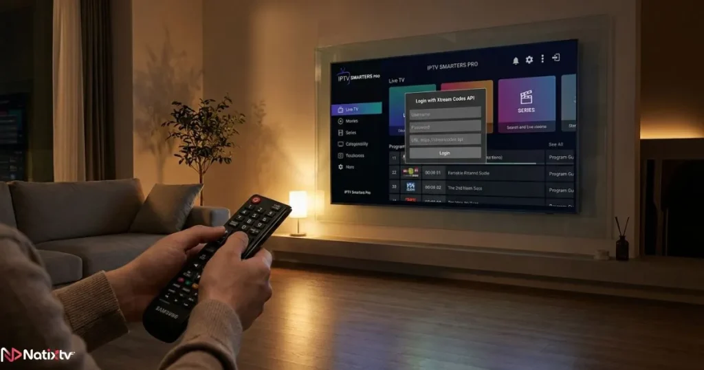 IPTV Smarters app configured with Xtream Codes API on Smart TV