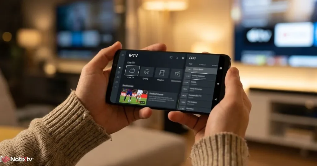 IPTV Android app displaying live channels on a smartphone