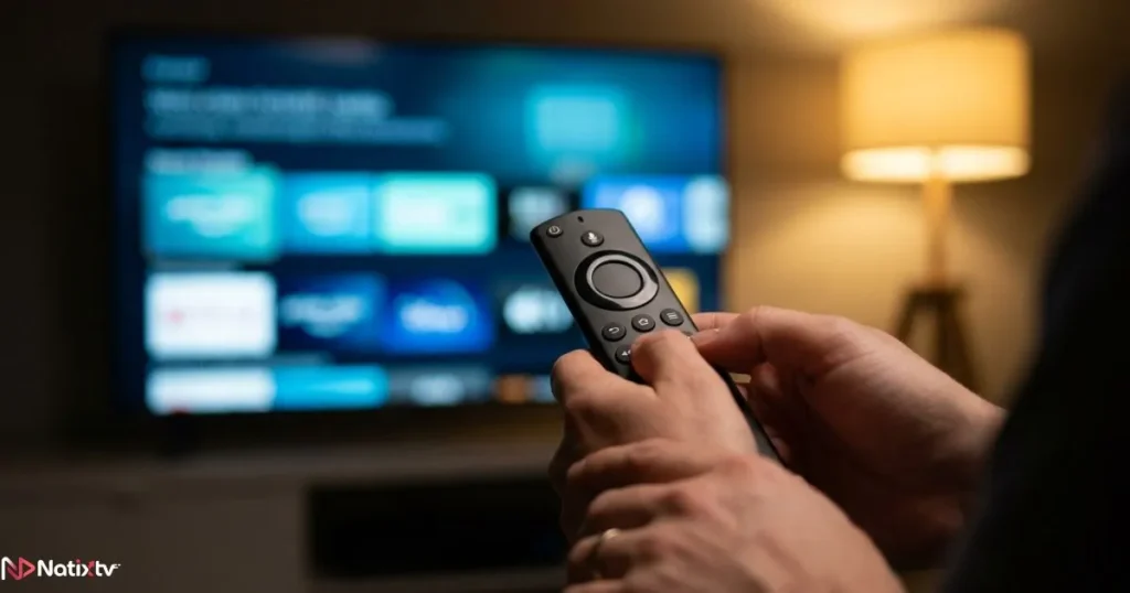Using a Firestick remote to navigate the IPTV Smarters Pro app on a smart TV