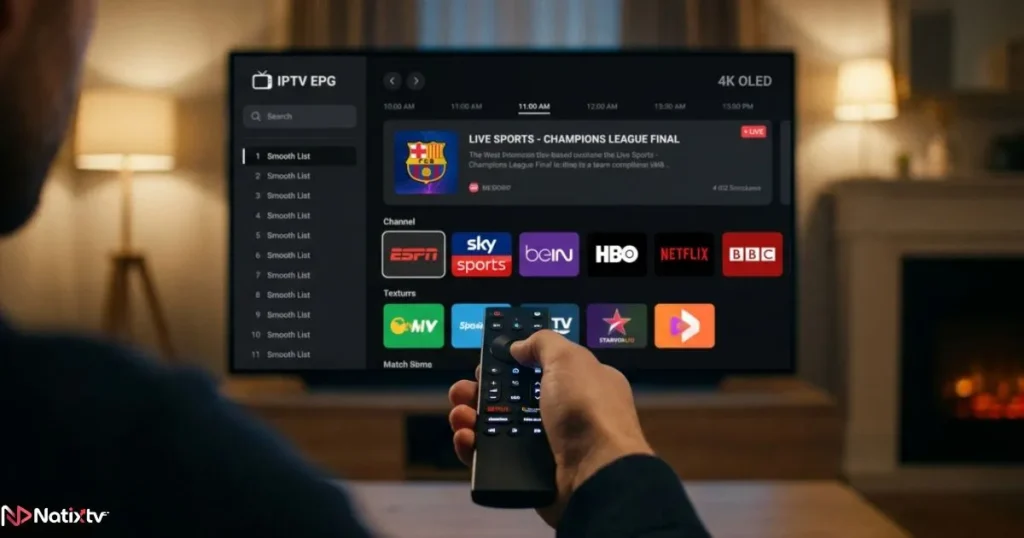 Navigating a smart IPTV streaming app on a large screen TV with EPG guide
