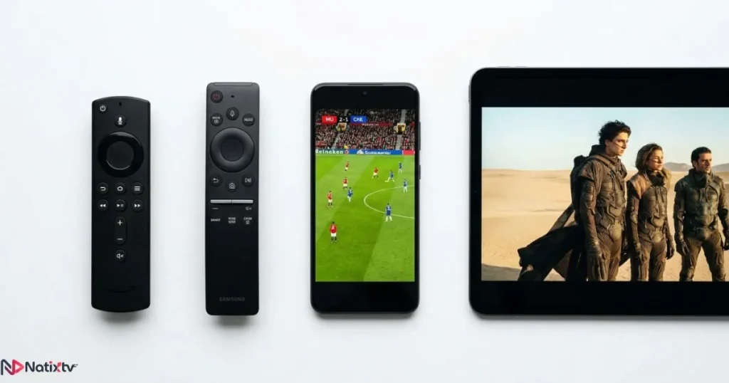 IPTV streaming app running on multiple compatible devices including Firestick and Smart TV