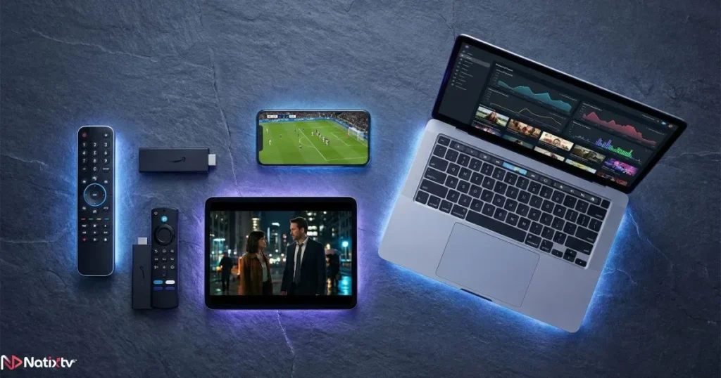 IPTV subscription service compatible with Smart TV, Firestick, smartphone, tablet, and laptop