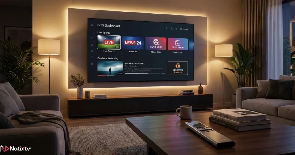 IPTV for Smart TV configured with the Xcode IPTV app in a modern living room