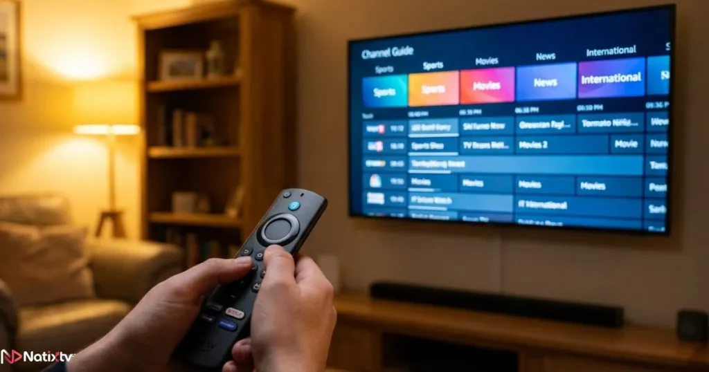 Setting up an Best iptv service usa on Firestick with a full channel guide displayed on a smart TV