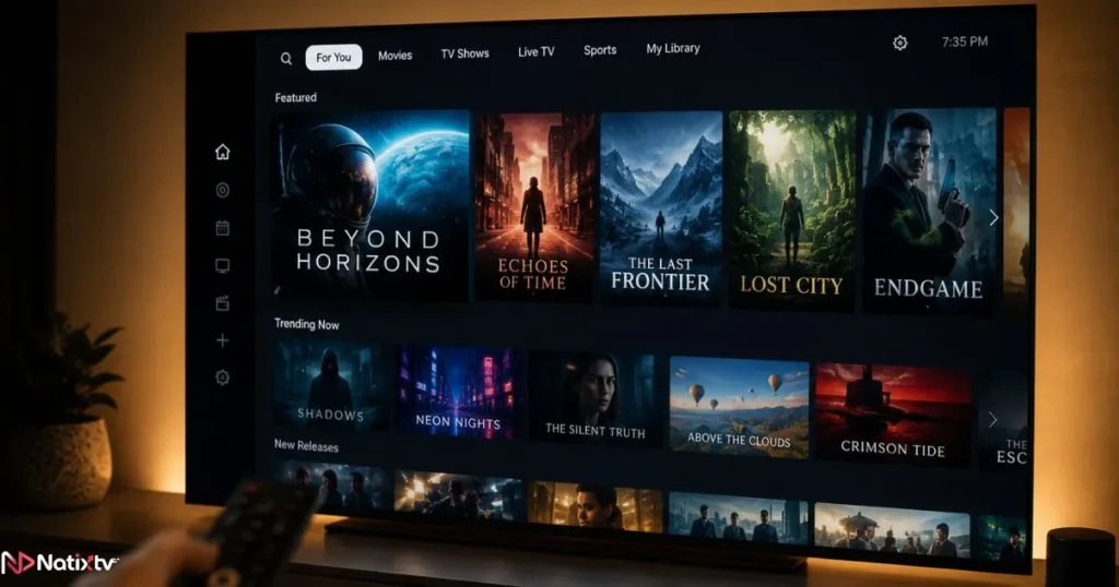 Premium IPTV service VOD library on a smart TV with remote control